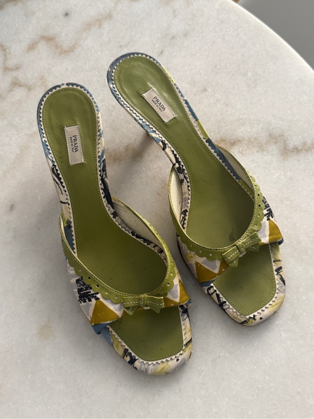Prada Green Multicolor Patterned Slip-On Kitten Heel Mules - Picture 2 of 7